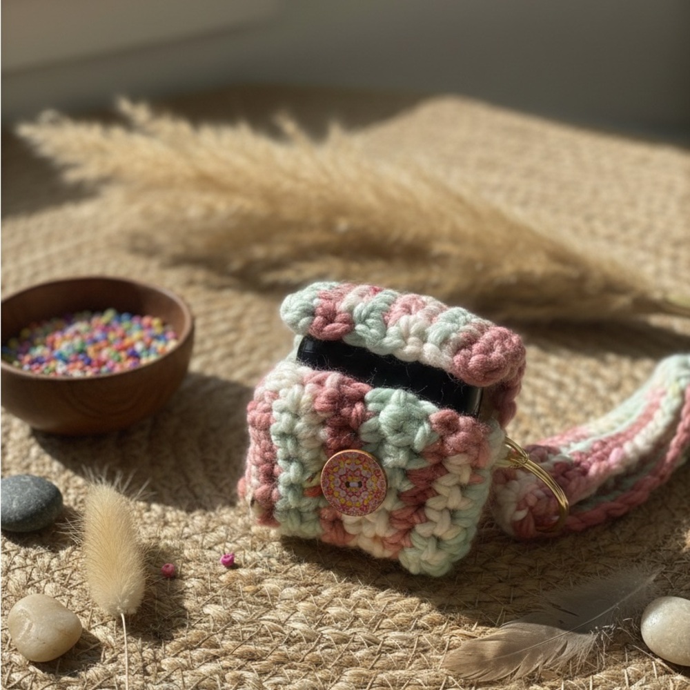 Pastel Sunset Variegated Crochet Earbud Holder – Boho Wristlet Case